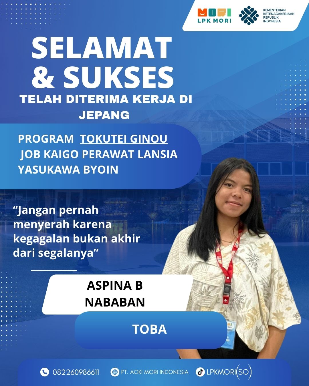 Aspina B Nababan Siswa asal Tobasa yang telah di terima bekerja di Jepang, program Tokutei Ginou, Job Kaigo, diperusahaa Yasukawa Byoin.CO.,LTD
