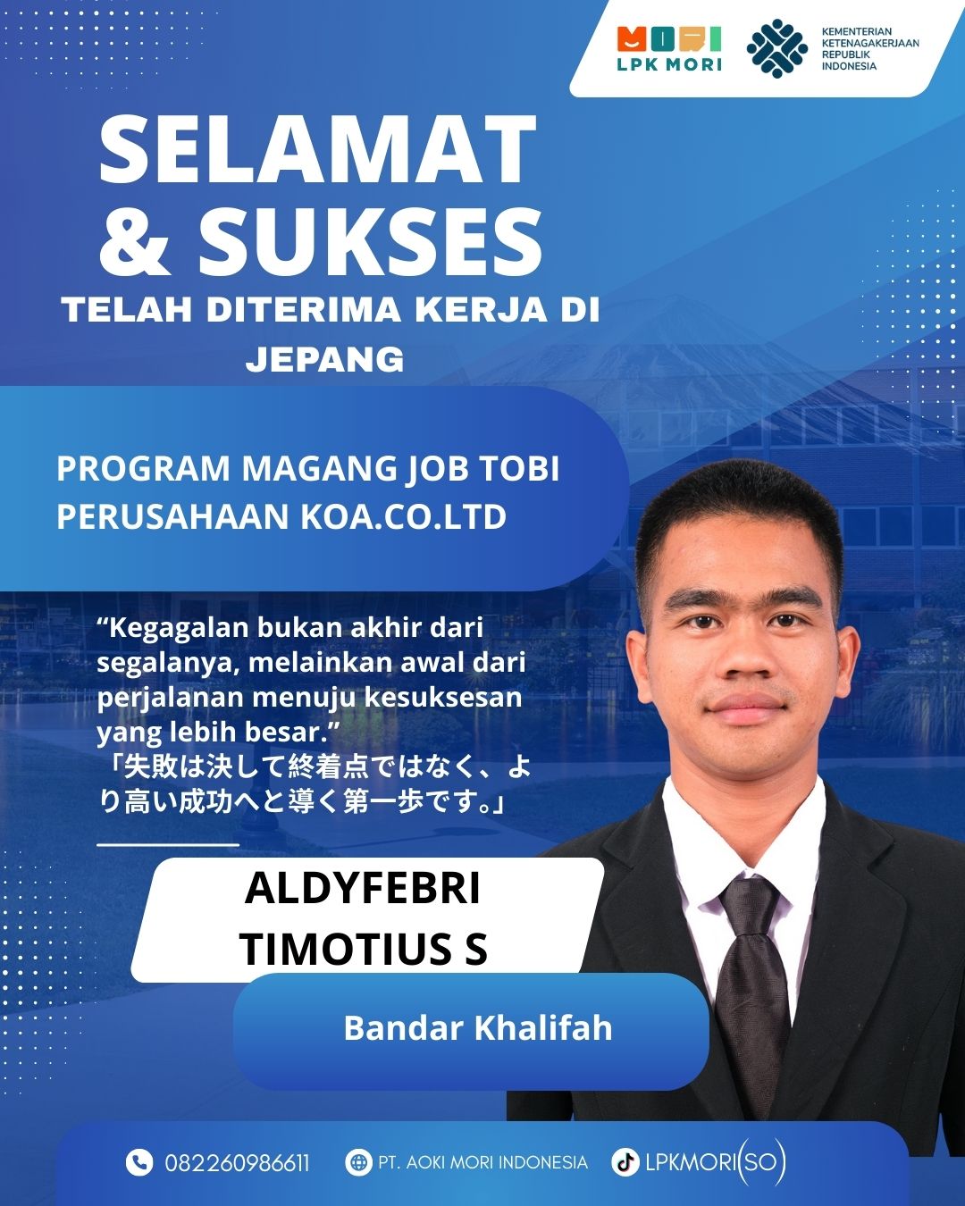 Aldyfebri Timotius S Siswa asal Bandar Khalifah yang telah di terima bekerja di Jepang, program magang, Job Tobi, diperusahaa KOA.CO.,LTD