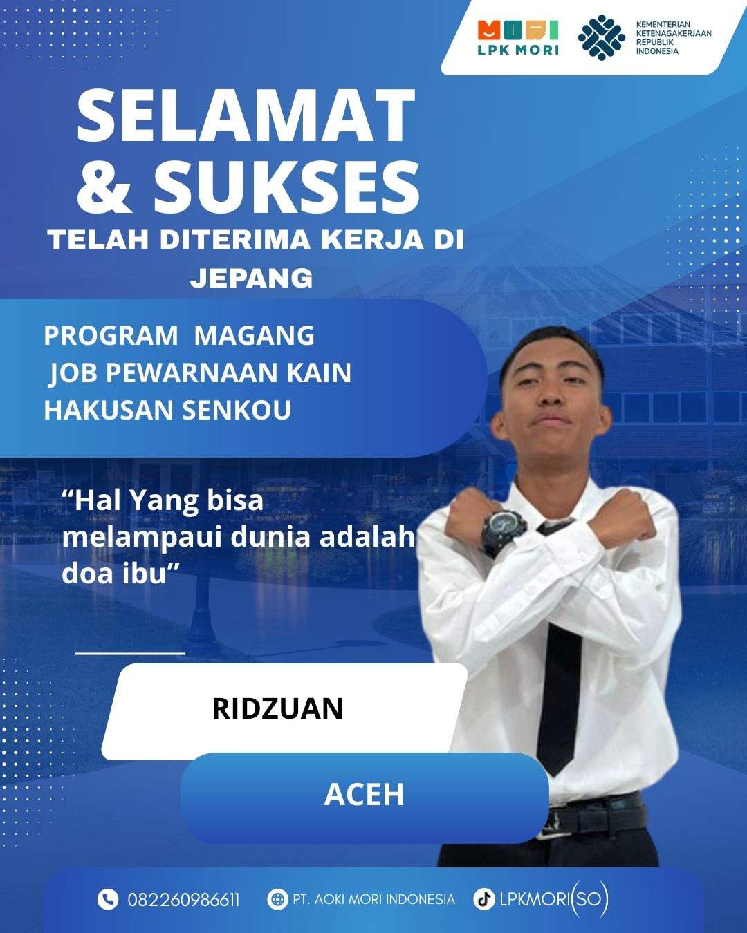 RIDZUAN Siswa asal Aceh yang telah di terima bekerja di Jepang, program magang, Pewarnaan Kain, diperusahaa HAKUSAN SENKOU.CO.,LTD