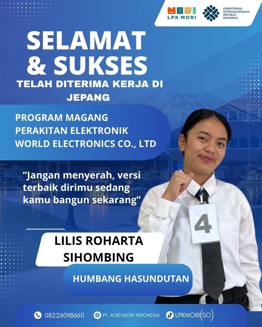LILIS ROHARTA SIHOMBING Siswa asal Humbang Hasundutan yang telah di terima bekerja di Jepang, program Magang, Job Perakitan Elektronik, diperusahaa World Electronics Co., Ltd