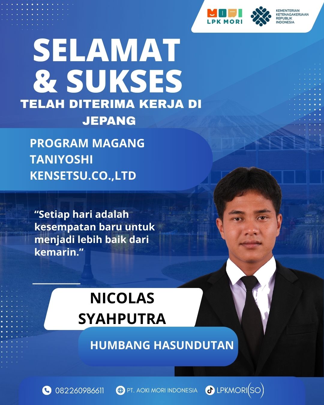 Nicolas Syahputra Siswa asal Humbang Hasundutan yang telah di terima bekerja di Jepang, program magang, diperusahaa Aniyoshi Kensetsu..CO.,LTD