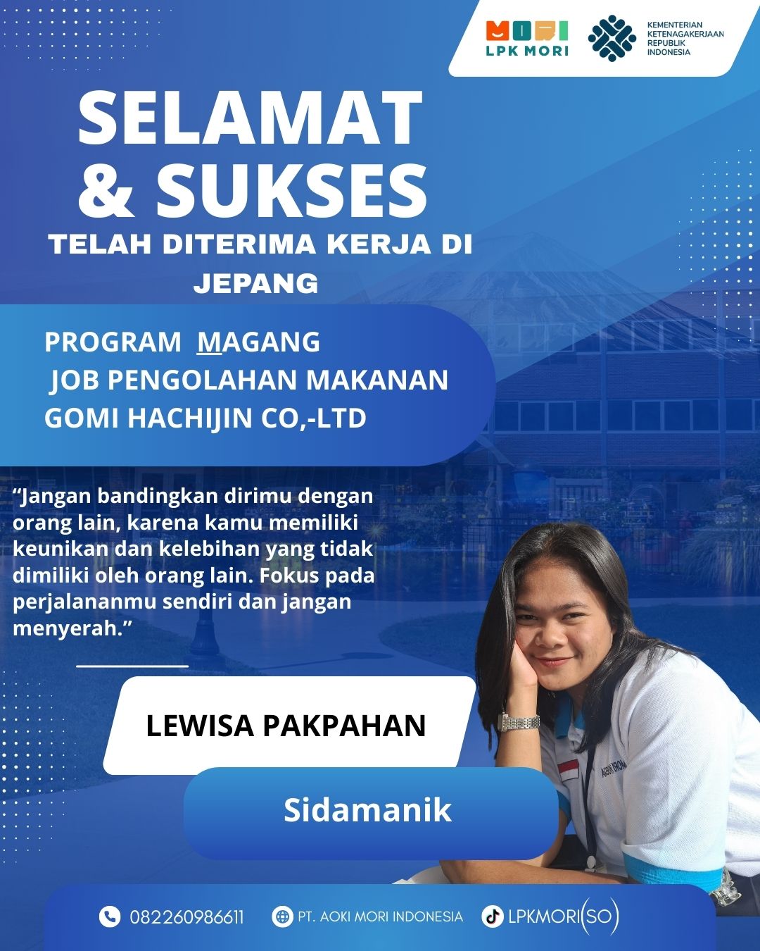 Lewisa Pakpahan Siswa asal Sidamanik yang telah di terima bekerja di Jepang, program magang, Job Pewarnaan Kain, diperusahaa Gomi Hachijin.CO.,LTD
