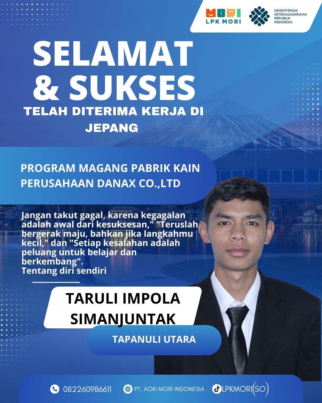 Taruli Impola Simanjuntak Siswa asal Tapanuli Utara yang telah di terima bekerja di Jepang, program magang, Job Pewarnaan kain, diperusahaa Danax.CO.,LTD